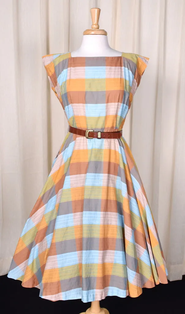 1950s Brown Madras Vintage Swing Dress
