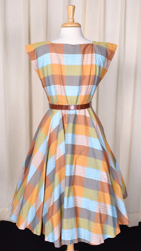 1950s Brown Madras Vintage Swing Dress