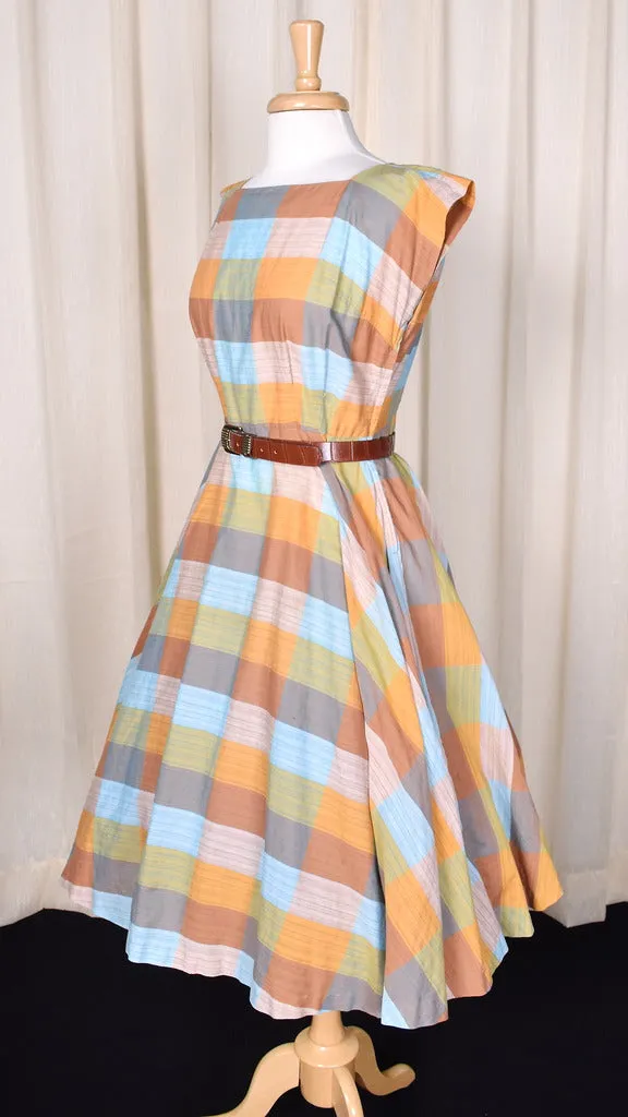 1950s Brown Madras Vintage Swing Dress