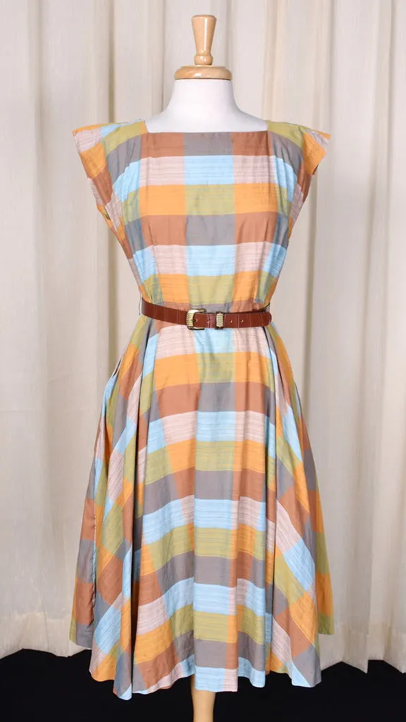 1950s Brown Madras Vintage Swing Dress