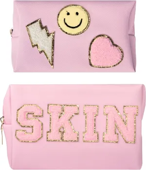 2 Pcs Preppy Makeup Bag, Preppy Cosmetic Bag, Portable Waterproof Preppy Toiletry Bag, PU Leather Preppy Patch Makeup Bag, Travel Accessories Zipper Pouch Storage for Women