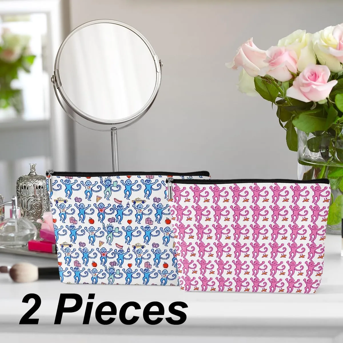 2 Pieces Preppy Stuff Preppy Makeup Bag Preppy Gifts for Women Female Teen Girls Monkey Lover Friend Daughter BFF Sister Niece Birthday Graduation Mothers Day Pink Blue Cosmetic Bag Travel Pouch
