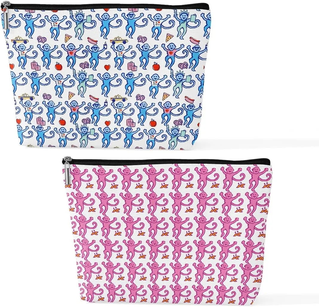 2 Pieces Preppy Stuff Preppy Makeup Bag Preppy Gifts for Women Female Teen Girls Monkey Lover Friend Daughter BFF Sister Niece Birthday Graduation Mothers Day Pink Blue Cosmetic Bag Travel Pouch