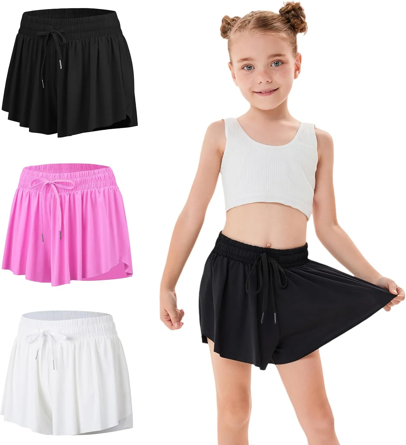 3 Pack Girls Flowy Shorts with Spandex Liner 2 in 1 Youth Junior Butterfly Skirts for Fitness Running Sports