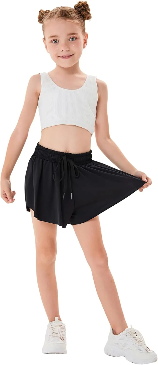 3 Pack Girls Flowy Shorts with Spandex Liner 2 in 1 Youth Junior Butterfly Skirts for Fitness Running Sports