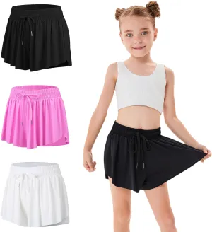 3 Pack Girls Flowy Shorts with Spandex Liner 2 in 1 Youth Junior Butterfly Skirts for Fitness Running Sports