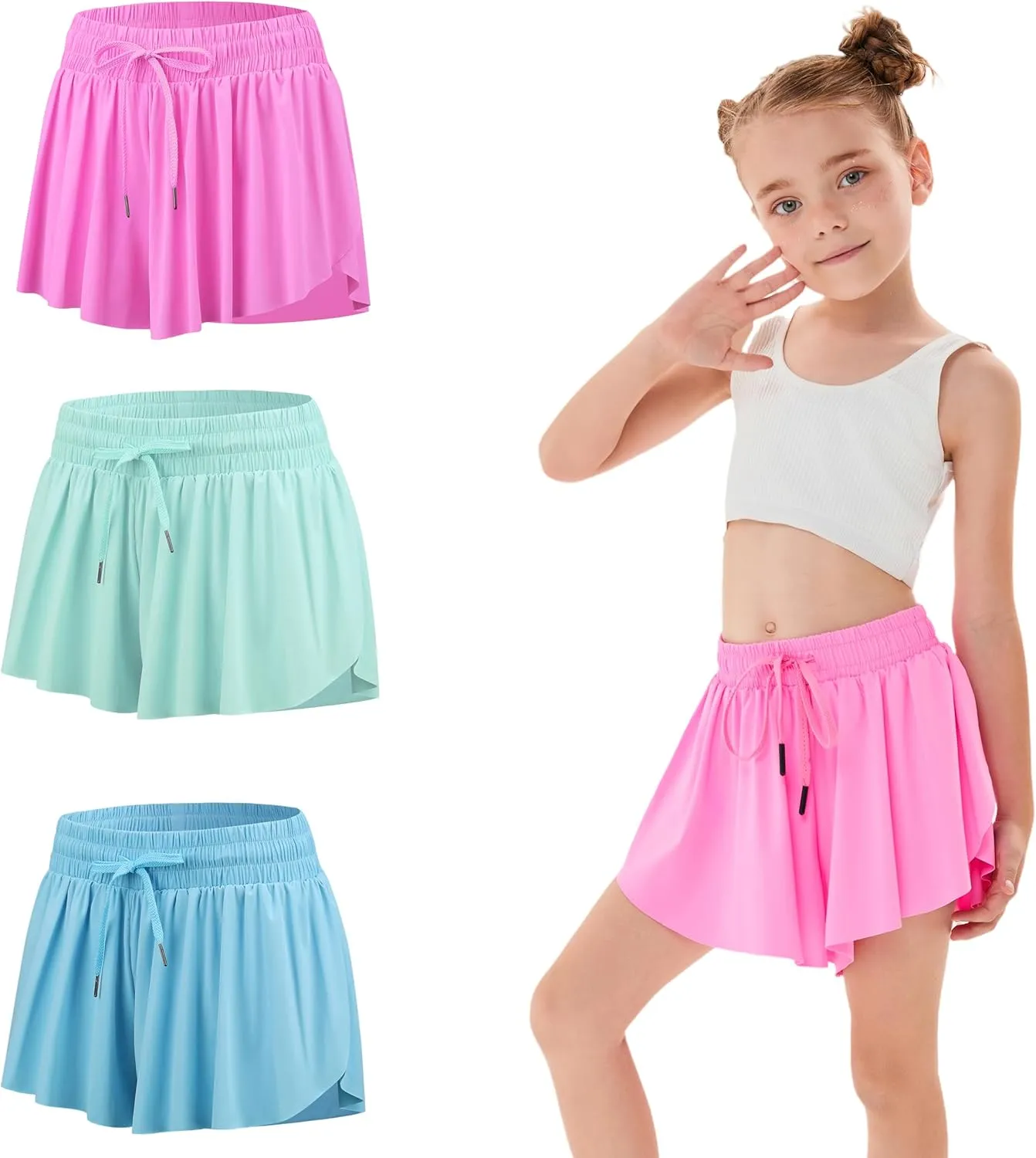 3 Pack Girls Flowy Shorts with Spandex Liner 2 in 1 Youth Junior Butterfly Skirts for Fitness Running Sports