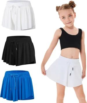 3 Pack Girls Flowy Shorts with Spandex Liner 2 in 1 Youth Junior Butterfly Skirts for Fitness Running Sports