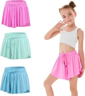 3 Pack Girls Flowy Shorts with Spandex Liner 2 in 1 Youth Junior Butterfly Skirts for Fitness Running Sports