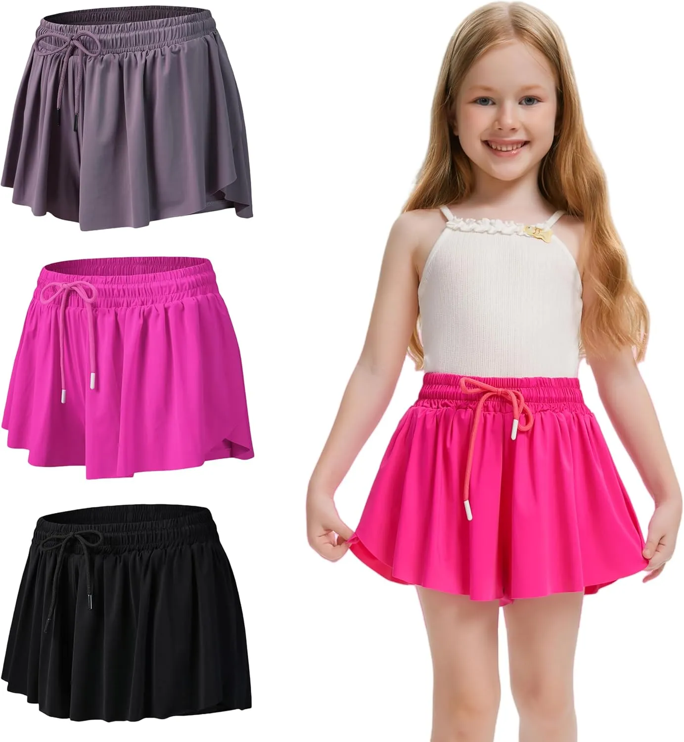 3 Pack Girls Flowy Shorts with Spandex Liner 2 in 1 Youth Junior Butterfly Skirts for Fitness Running Sports