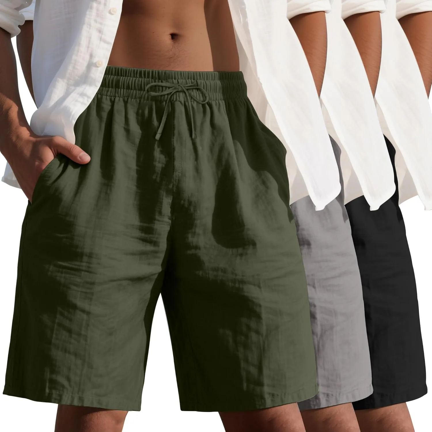 3 Pack Men's Cotton Linen 9" Inseam Shorts Drawstring Elastic Waist Beach Casual Summer Bermuda with Pockets