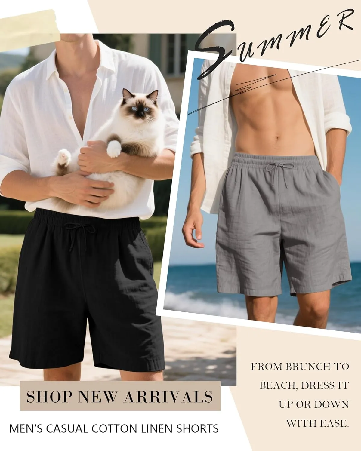 3 Pack Men's Cotton Linen 9" Inseam Shorts Drawstring Elastic Waist Beach Casual Summer Bermuda with Pockets