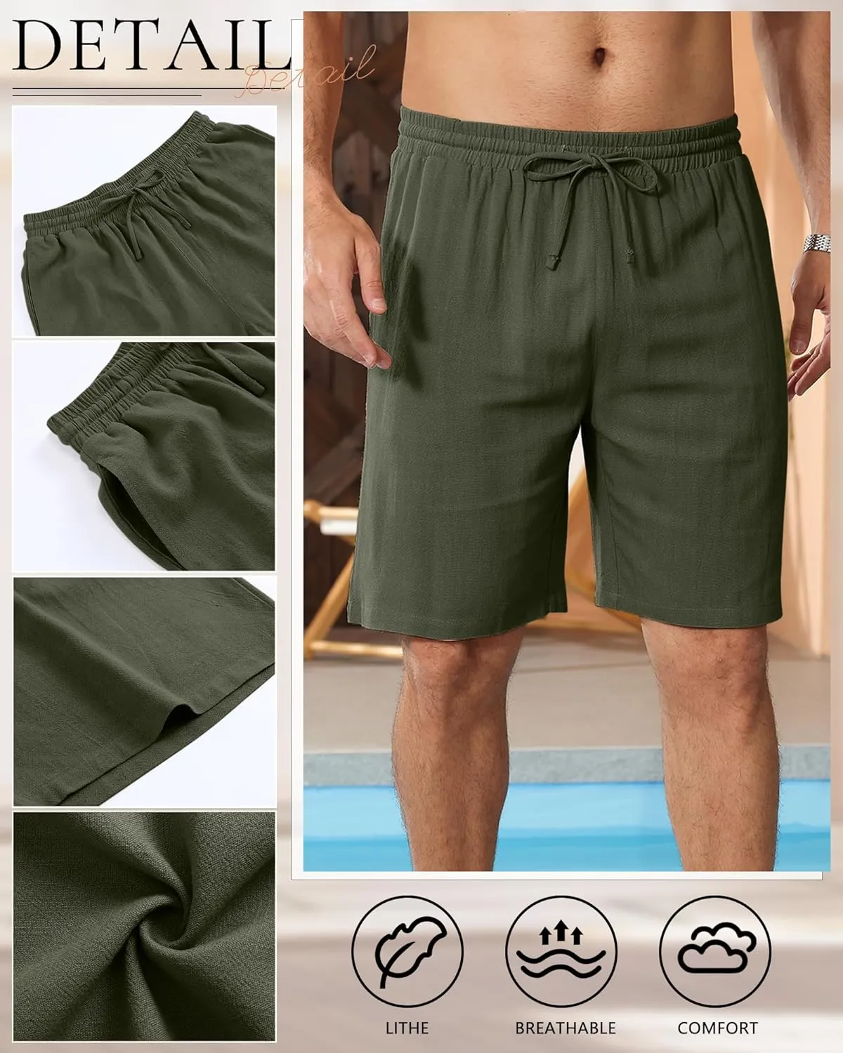 3 Pack Men's Cotton Linen 9" Inseam Shorts Drawstring Elastic Waist Beach Casual Summer Bermuda with Pockets