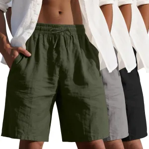 3 Pack Men's Cotton Linen 9" Inseam Shorts Drawstring Elastic Waist Beach Casual Summer Bermuda with Pockets