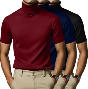 3 Pack Men's Turtleneck T Shirts, Cotton Short Sleeve Tops Slim Fit Summer Casual Undershirt Basic Pullover Tee(Black, Wine Red, Navy Blue,Large)