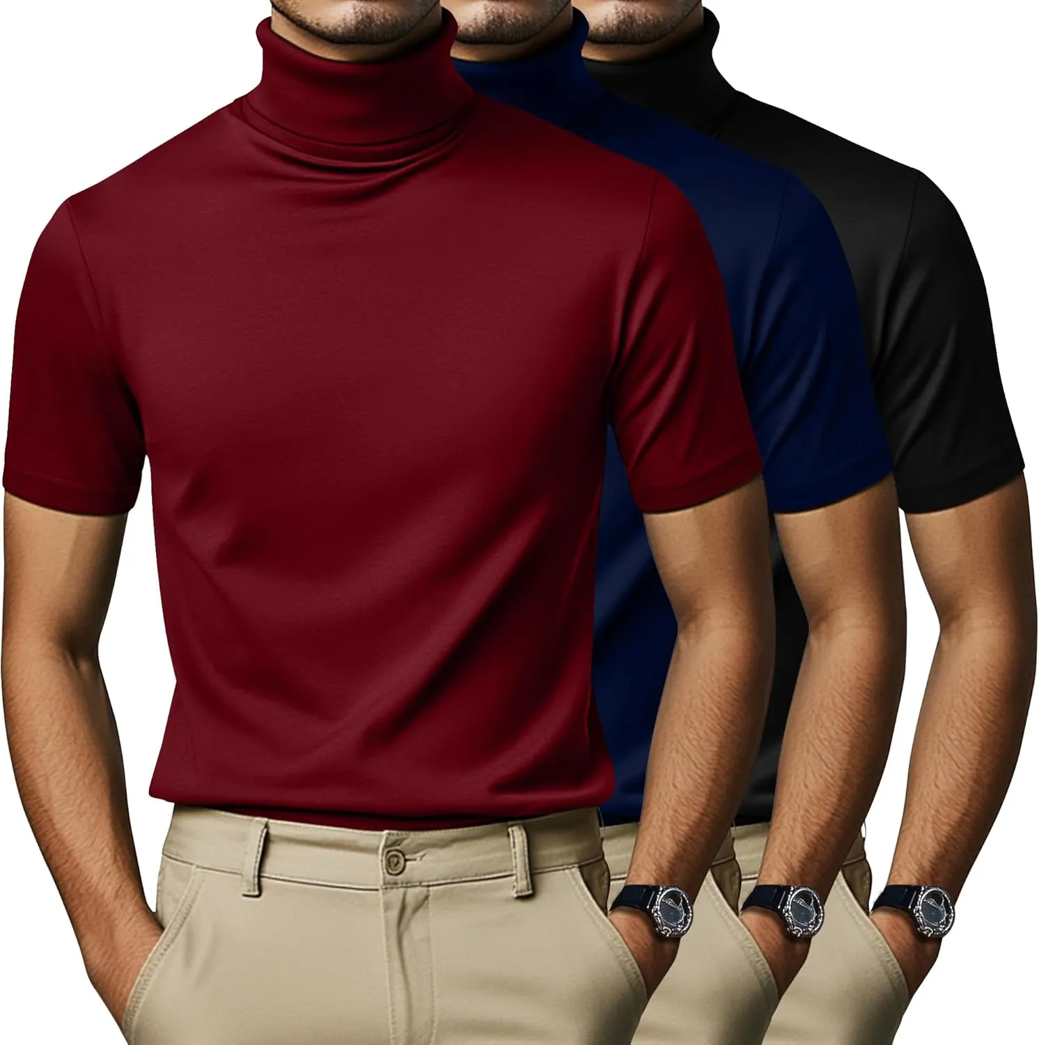 3 Pack Men's Turtleneck T Shirts, Cotton Short Sleeve Tops Slim Fit Summer Casual Undershirt Basic Pullover Tee(Black, Wine Red, Navy Blue,Large)