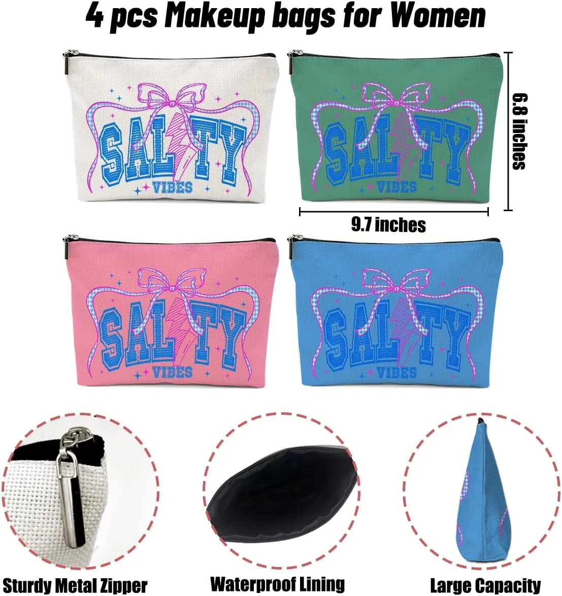 4 Pack Funny Salty Cute Bow Beach Coastal Makeup Bag, Travel Essentials Cosmetic Bags for Women, Sister Bachelorette Party Travel Toiletry Bag Christmas Birthday Summer Vacation Weekend Graduation