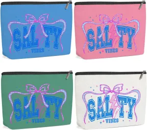 4 Pack Funny Salty Cute Bow Beach Coastal Makeup Bag, Travel Essentials Cosmetic Bags for Women, Sister Bachelorette Party Travel Toiletry Bag Christmas Birthday Summer Vacation Weekend Graduation