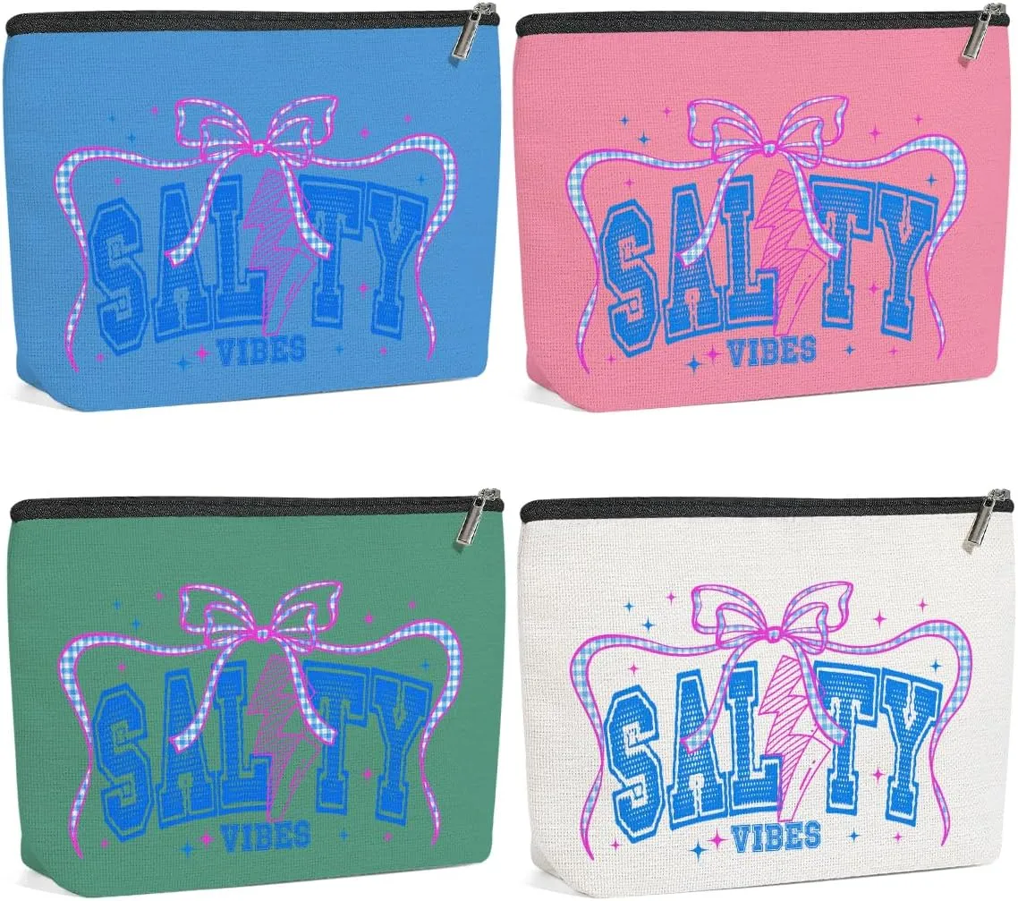 4 Pack Funny Salty Cute Bow Beach Coastal Makeup Bag, Travel Essentials Cosmetic Bags for Women, Sister Bachelorette Party Travel Toiletry Bag Christmas Birthday Summer Vacation Weekend Graduation
