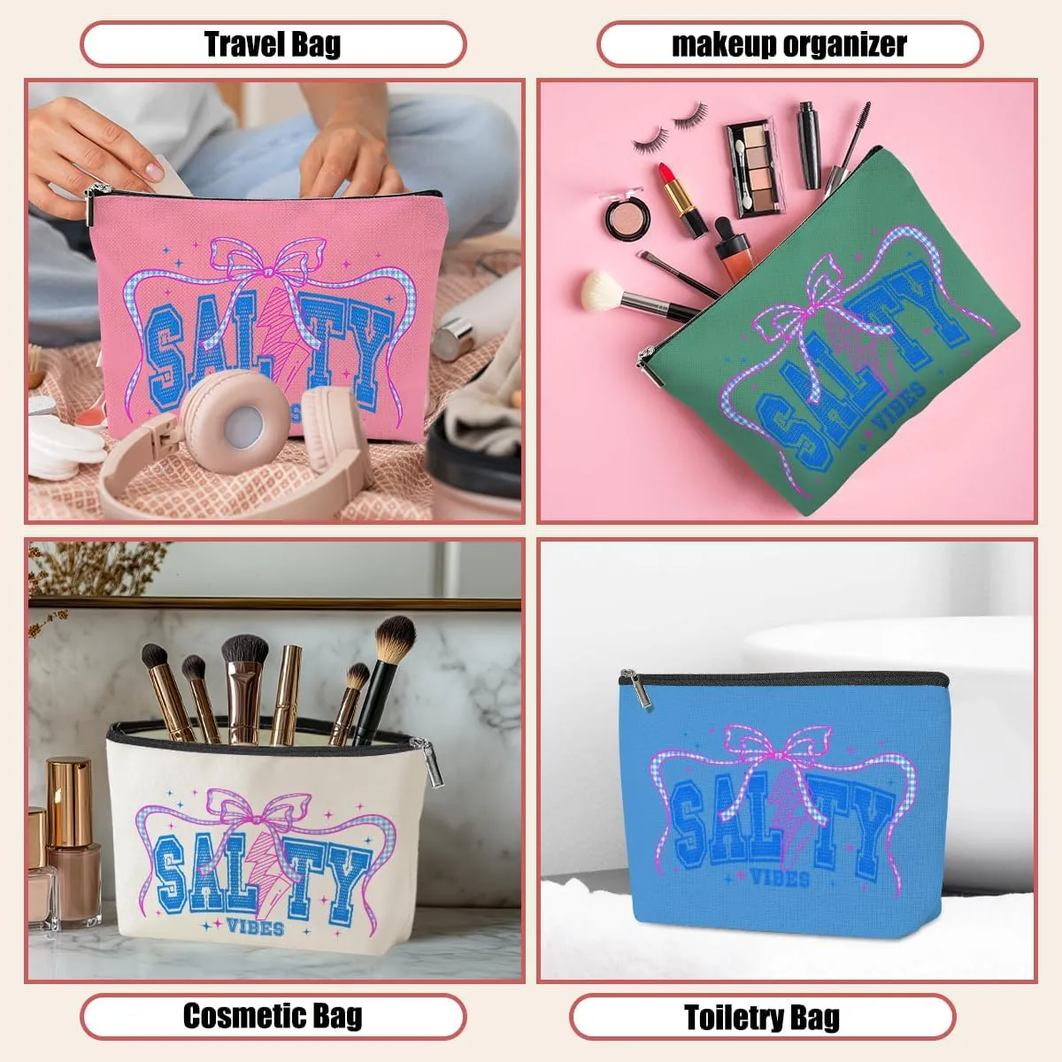 4 Pack Funny Salty Cute Bow Beach Coastal Makeup Bag, Travel Essentials Cosmetic Bags for Women, Sister Bachelorette Party Travel Toiletry Bag Christmas Birthday Summer Vacation Weekend Graduation