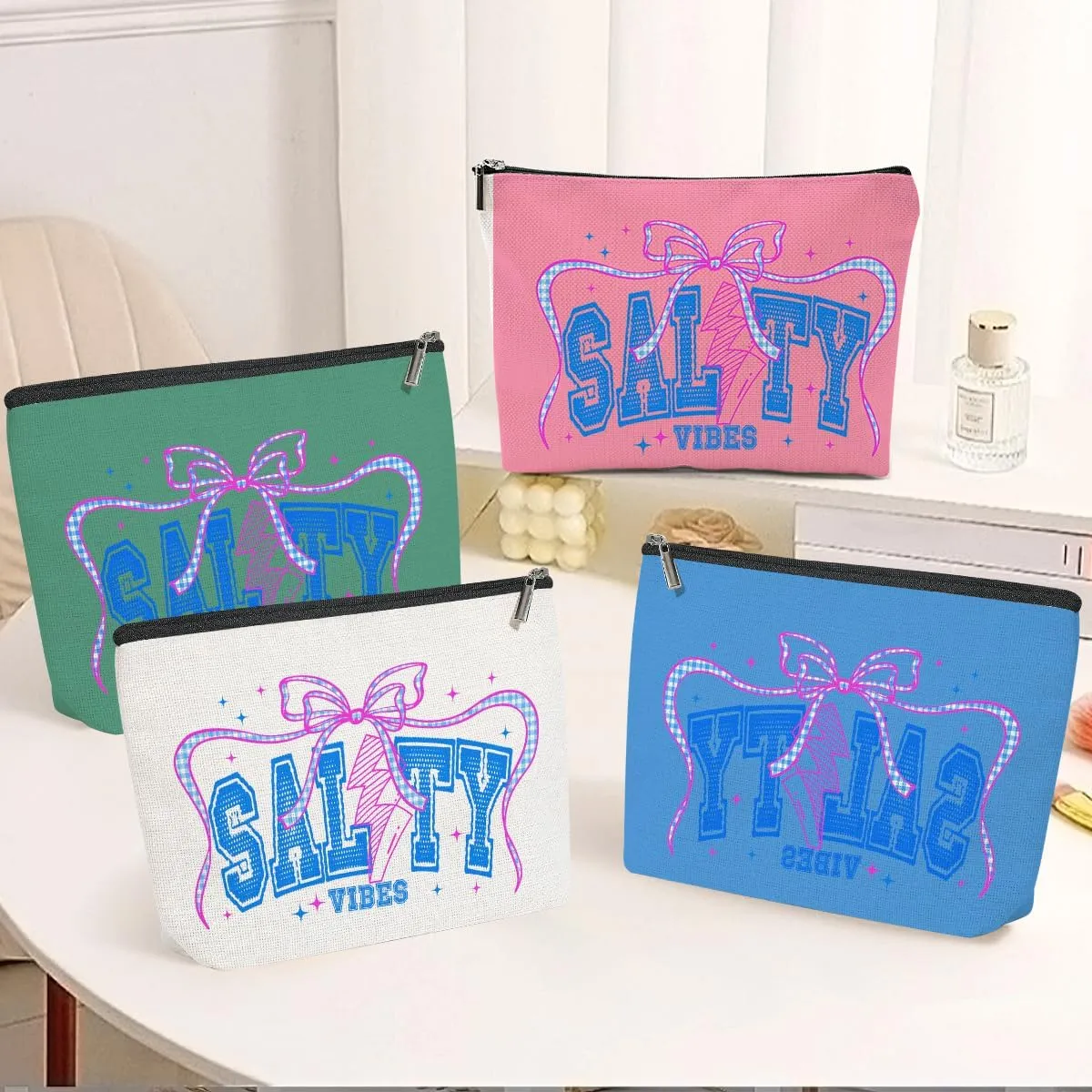 4 Pack Funny Salty Cute Bow Beach Coastal Makeup Bag, Travel Essentials Cosmetic Bags for Women, Sister Bachelorette Party Travel Toiletry Bag Christmas Birthday Summer Vacation Weekend Graduation
