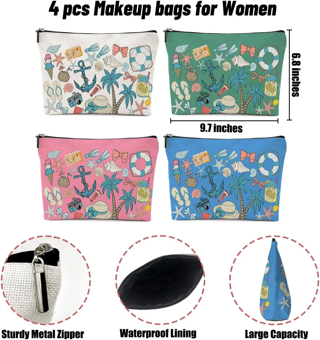 4 Pack Vintage Beach Coastal Seashells Makeup Bag, Travel Essentials Cosmetic Bags for Women, Bachelorette Party Travel Toiletry Bag Farewell Birthday Graduation Christmas Summer Vacation Girls Trip
