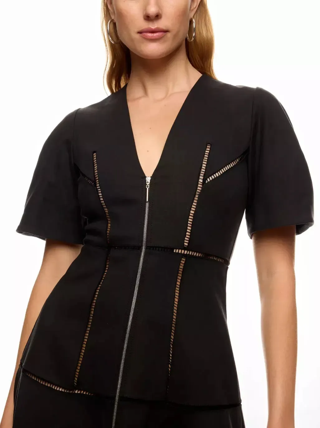 A-Line Cut-Out Front-Zip V-Neck Dress in Black