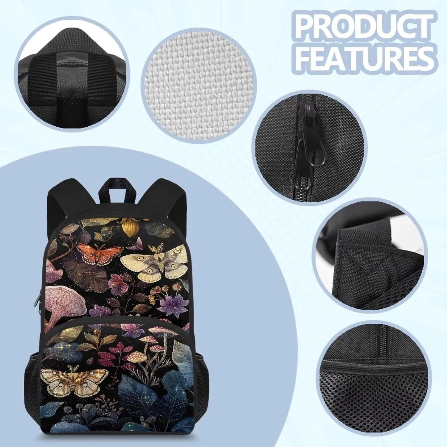 Abstract Mushroom School Bags for Kids Teen Moth Casual Daypack Organizer Shoulder Bags Large Capacity Daypack Satchel with Mesh Side Pockets Kid Daypack Knapsack with Adjustable Strap