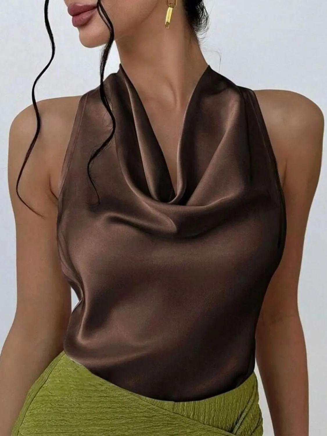 ALCEA ROSEA Women's Silky Satin Camisole Halter Wrap Tie Back Cowl Neck Sleeveless Draped Backless Blouse Tank Top 1888
