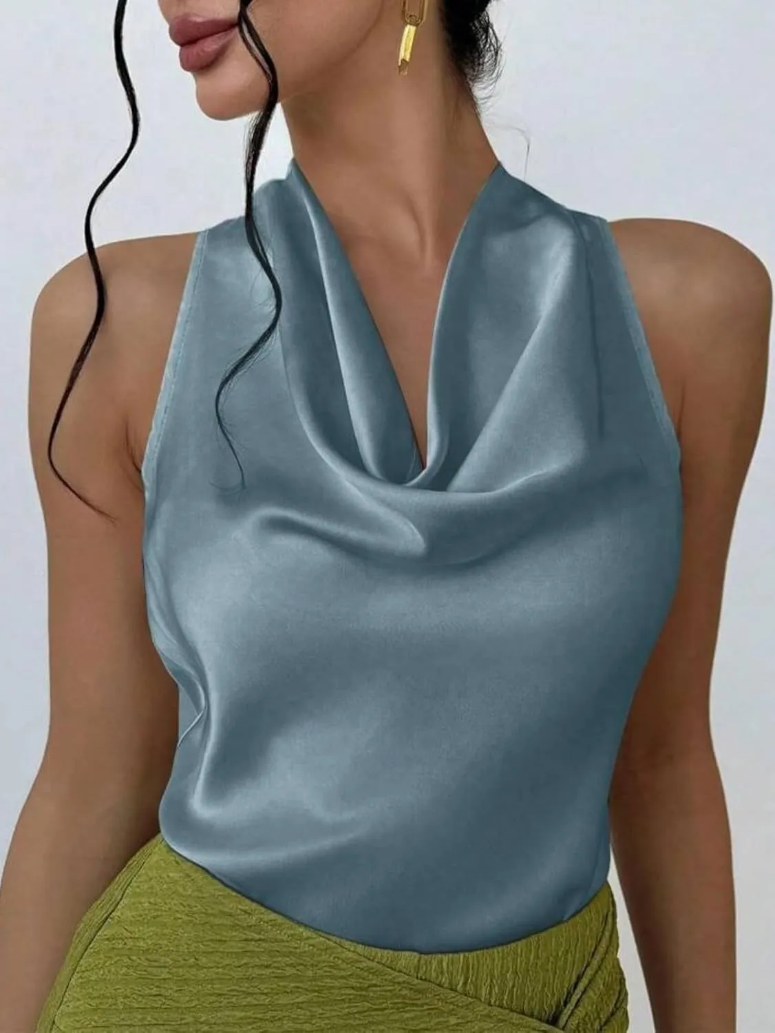 ALCEA ROSEA Women's Silky Satin Camisole Halter Wrap Tie Back Cowl Neck Sleeveless Draped Backless Blouse Tank Top 1888