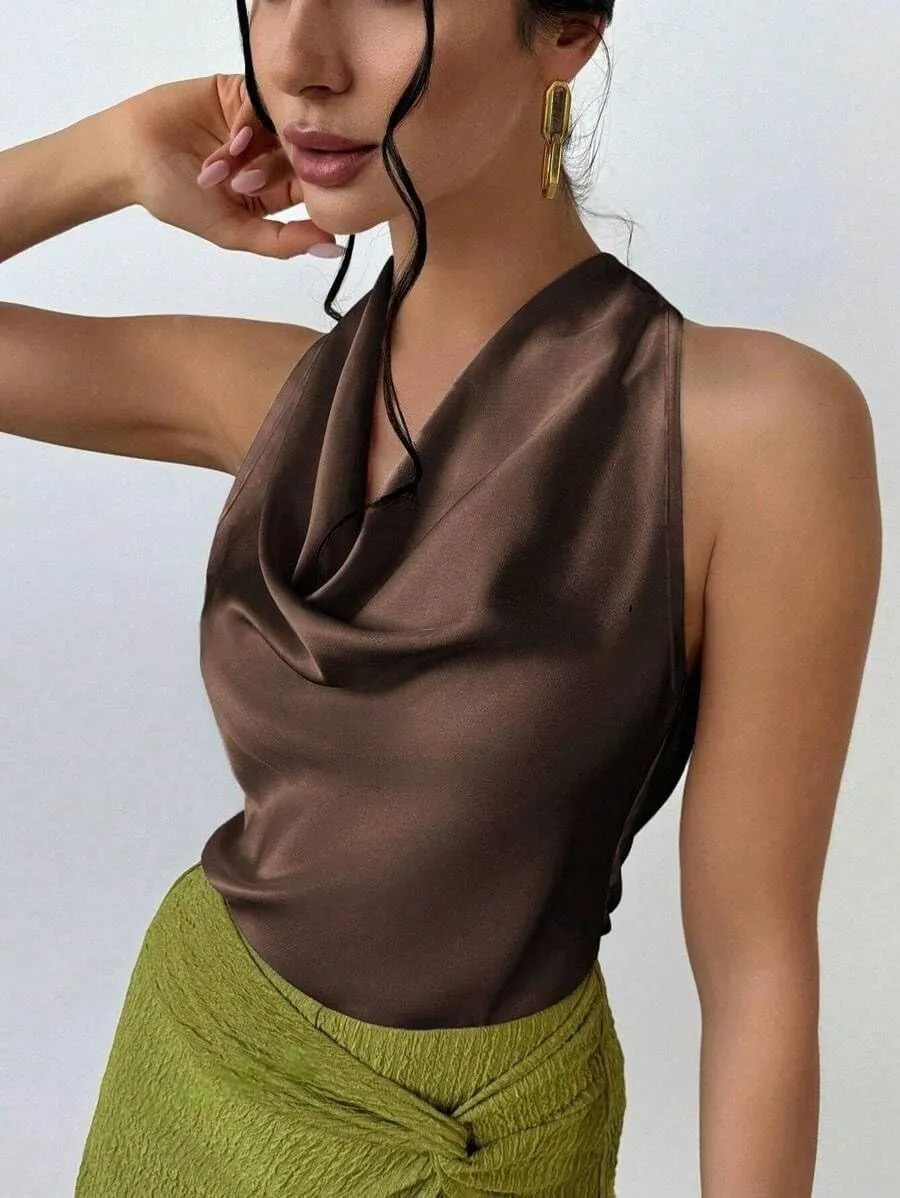 ALCEA ROSEA Women's Silky Satin Camisole Halter Wrap Tie Back Cowl Neck Sleeveless Draped Backless Blouse Tank Top 1888