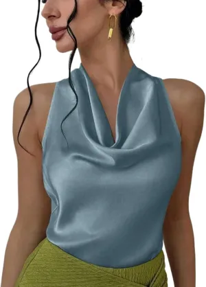ALCEA ROSEA Women's Silky Satin Camisole Halter Wrap Tie Back Cowl Neck Sleeveless Draped Backless Blouse Tank Top 1888