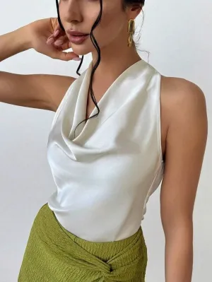 ALCEA ROSEA Women's Silky Satin Camisole Halter Wrap Tie Back Cowl Neck Sleeveless Draped Backless Blouse Tank Top 1888