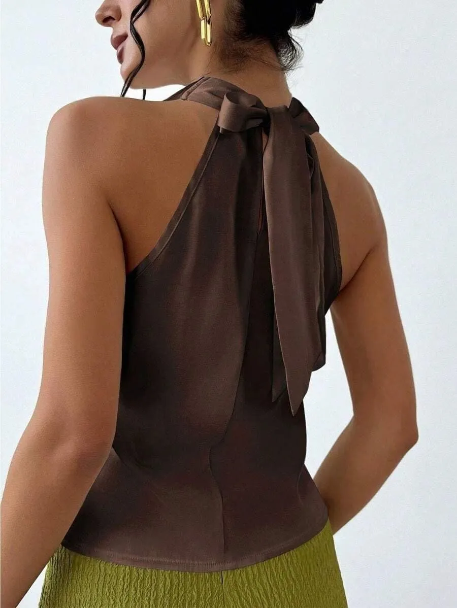ALCEA ROSEA Women's Silky Satin Camisole Halter Wrap Tie Back Cowl Neck Sleeveless Draped Backless Blouse Tank Top 1888