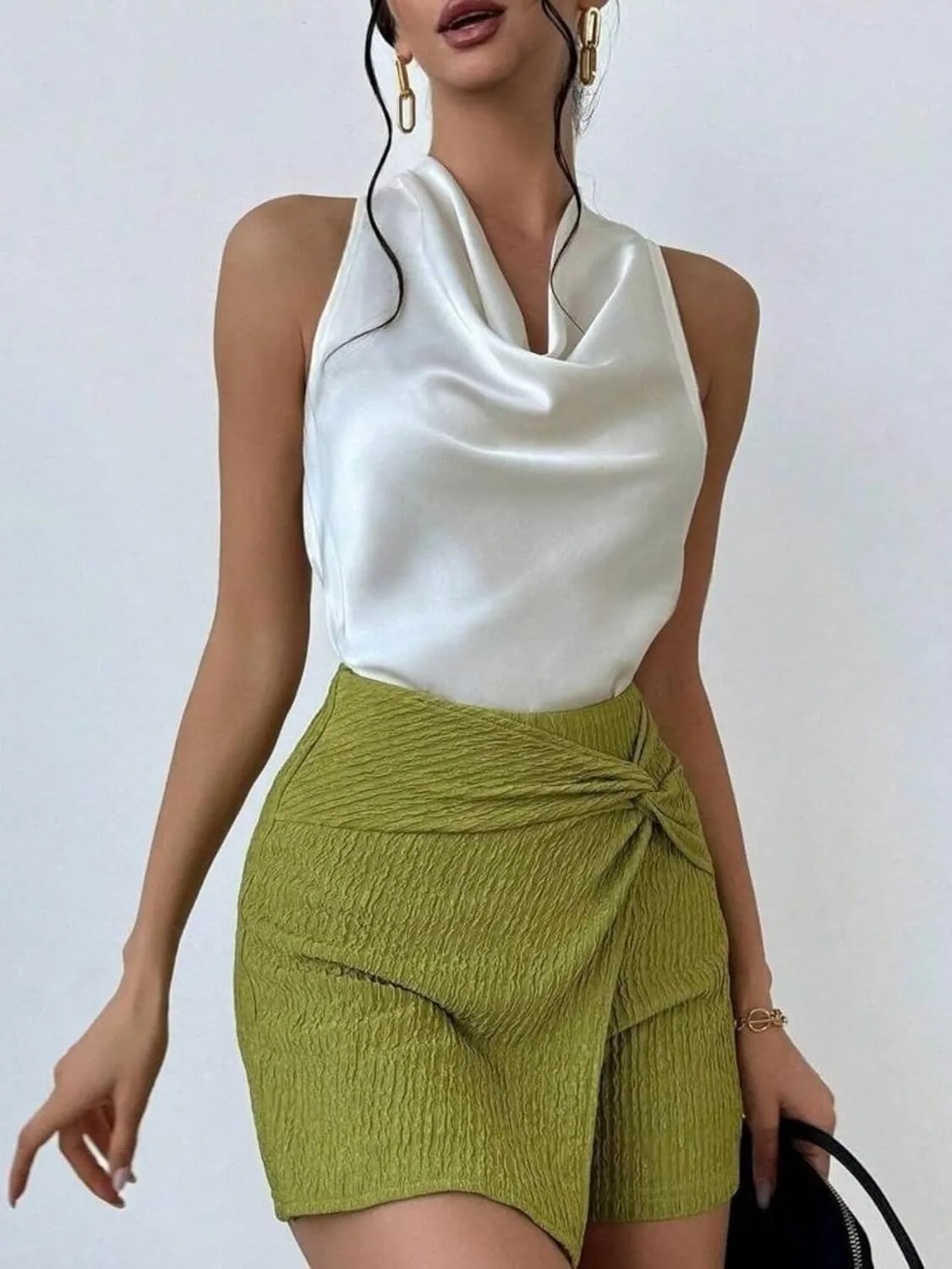 ALCEA ROSEA Women's Silky Satin Camisole Halter Wrap Tie Back Cowl Neck Sleeveless Draped Backless Blouse Tank Top 1888