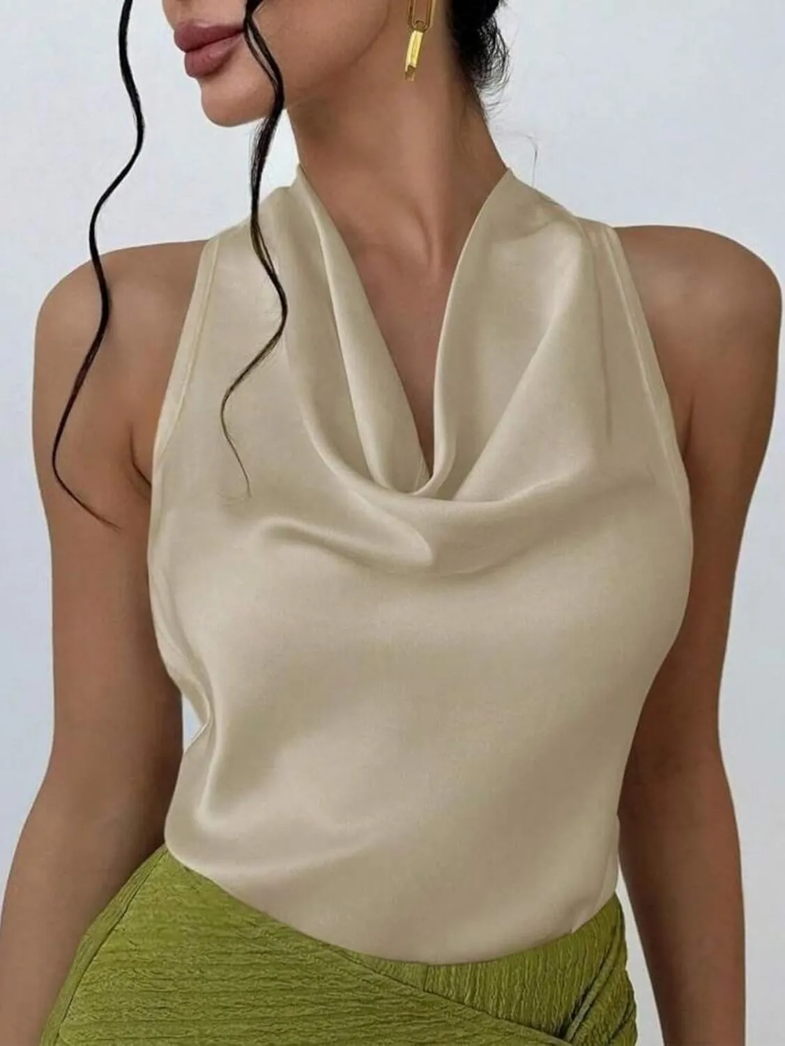 ALCEA ROSEA Women's Silky Satin Camisole Halter Wrap Tie Back Cowl Neck Sleeveless Draped Backless Blouse Tank Top 1888
