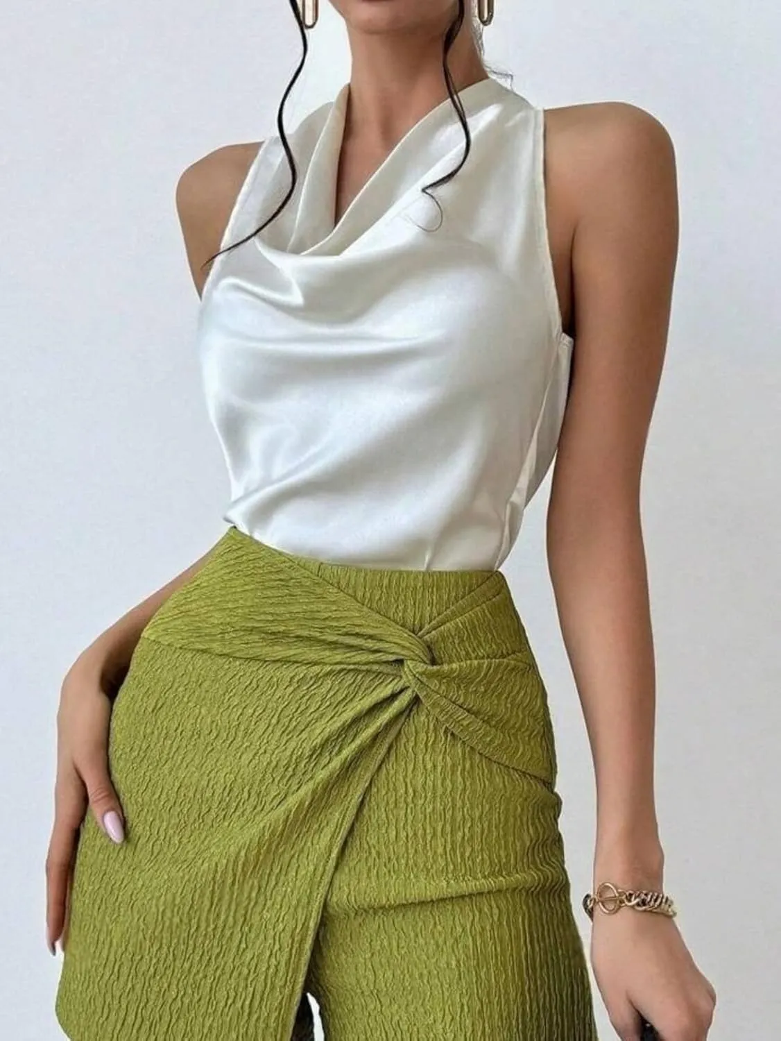 ALCEA ROSEA Women's Silky Satin Camisole Halter Wrap Tie Back Cowl Neck Sleeveless Draped Backless Blouse Tank Top 1888