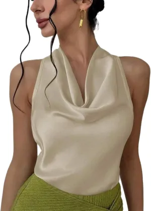 ALCEA ROSEA Women's Silky Satin Camisole Halter Wrap Tie Back Cowl Neck Sleeveless Draped Backless Blouse Tank Top 1888
