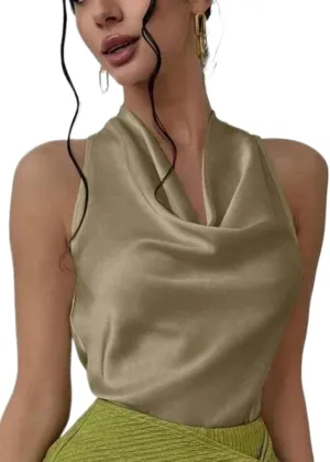 ALCEA ROSEA Women's Silky Satin Camisole Halter Wrap Tie Back Cowl Neck Sleeveless Draped Backless Blouse Tank Top 1888