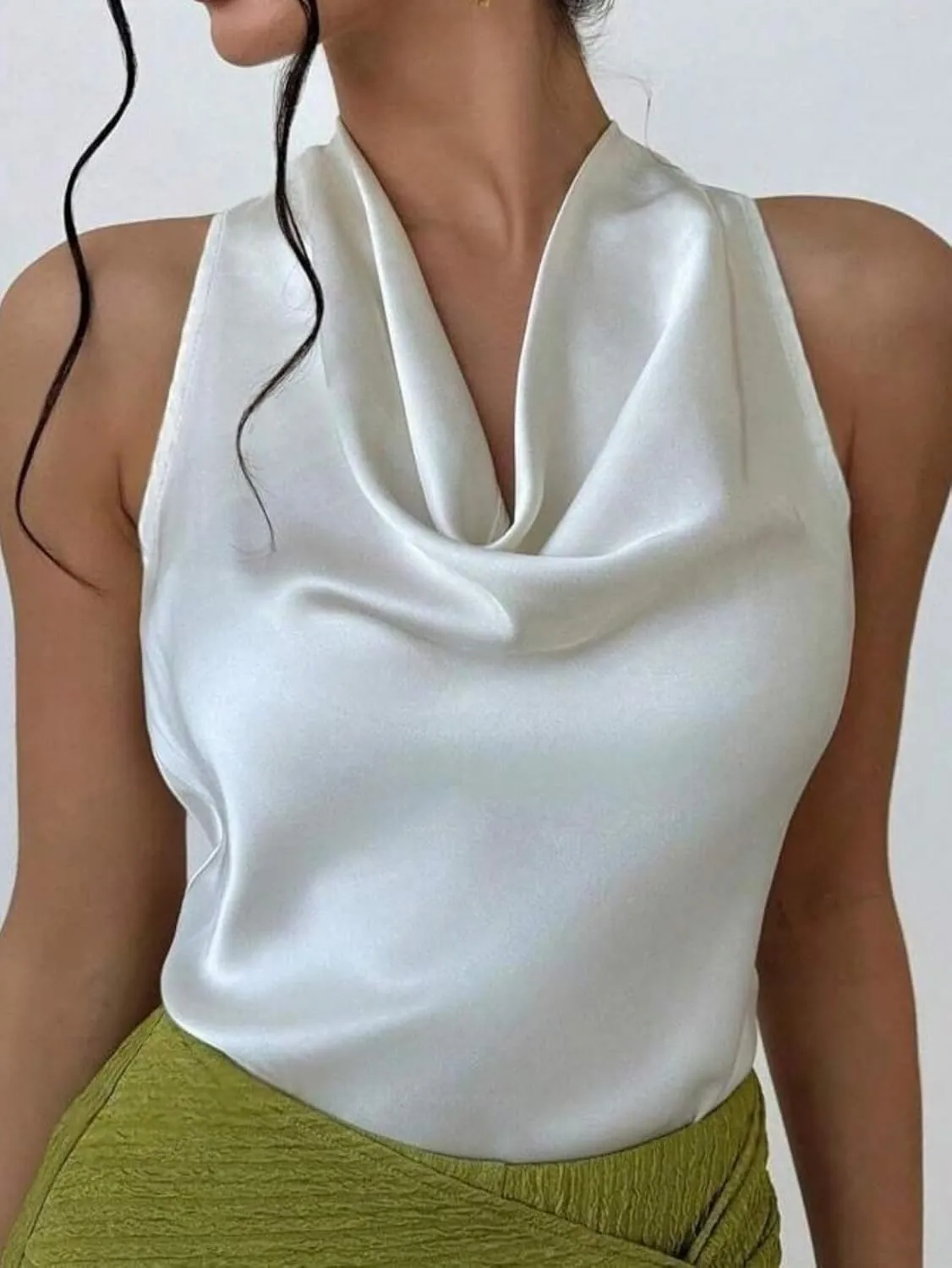 ALCEA ROSEA Women's Silky Satin Camisole Halter Wrap Tie Back Cowl Neck Sleeveless Draped Backless Blouse Tank Top 1888