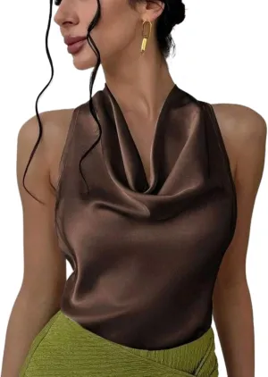 ALCEA ROSEA Women's Silky Satin Camisole Halter Wrap Tie Back Cowl Neck Sleeveless Draped Backless Blouse Tank Top 1888