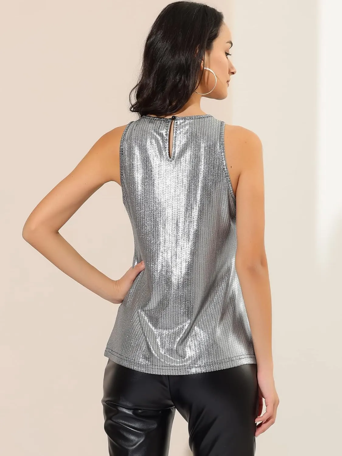 Allegra K Women's Metallic Tank Tops Shiny Sleeveless Party Disco Shirt