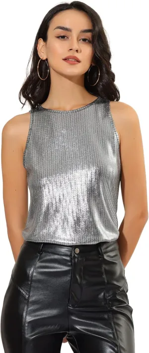 Allegra K Women's Metallic Tank Tops Shiny Sleeveless Party Disco Shirt