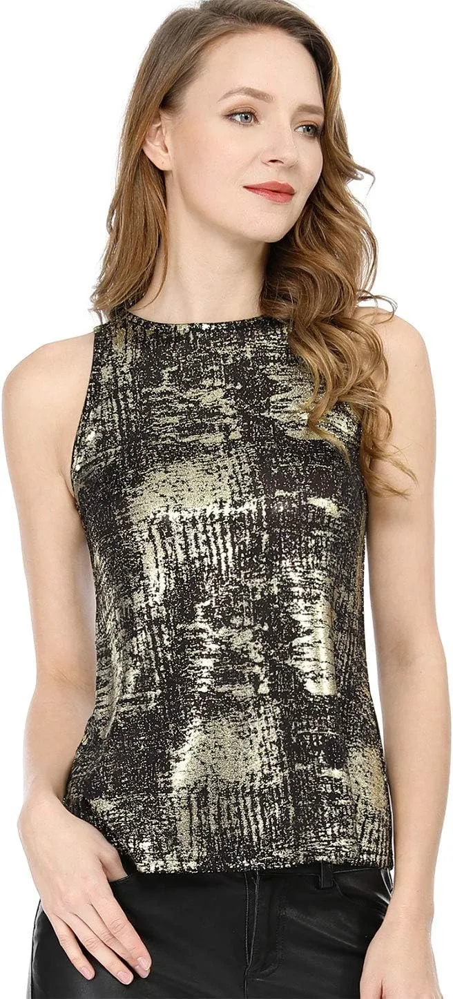 Allegra K Women's Metallic Tank Tops Shiny Sleeveless Party Disco Shirt