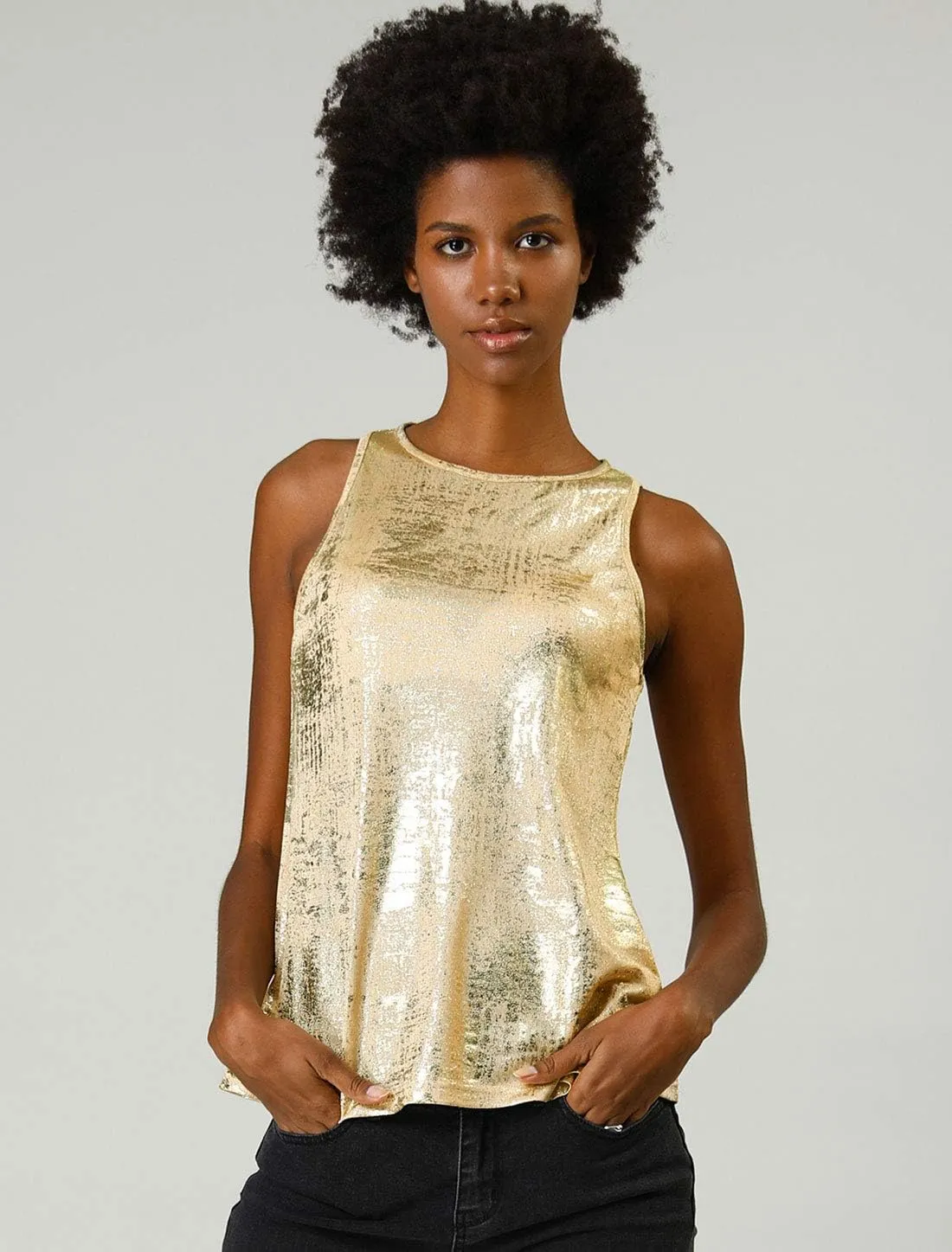 Allegra K Women's Metallic Tank Tops Shiny Sleeveless Party Disco Shirt