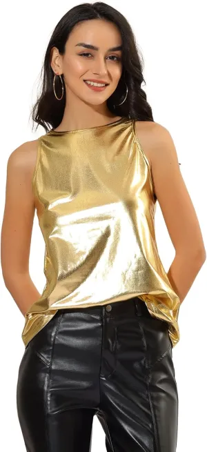 Allegra K Women's Metallic Tank Tops Shiny Sleeveless Party Disco Shirt