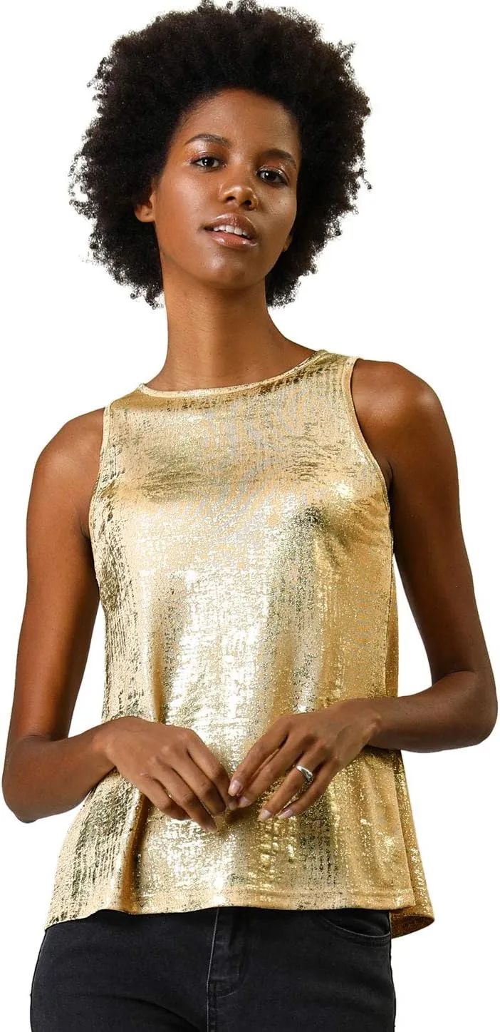 Allegra K Women's Metallic Tank Tops Shiny Sleeveless Party Disco Shirt