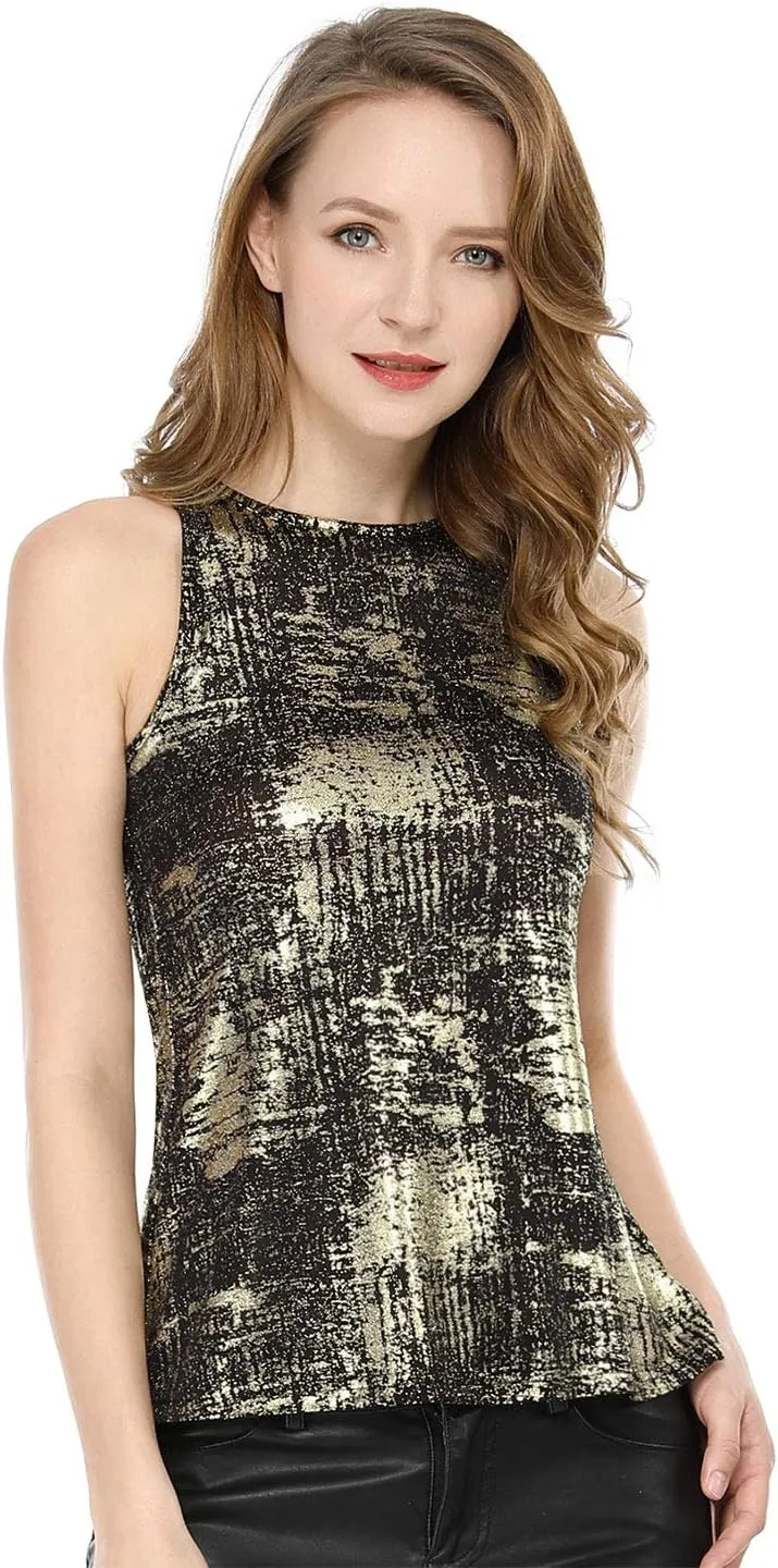 Allegra K Women's Metallic Tank Tops Shiny Sleeveless Party Disco Shirt