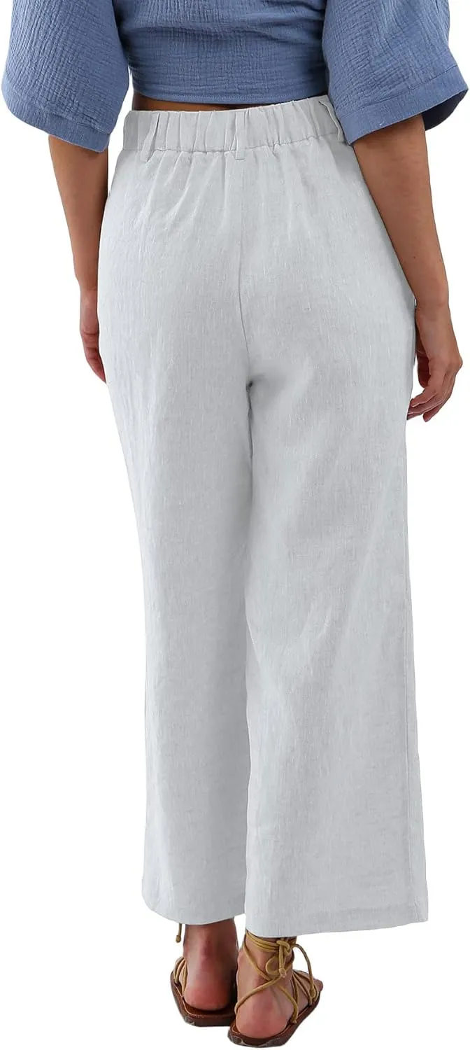 Amazhiyu Women's 100% Linen Summer High-Waisted Wide Leg Pants with Pockets