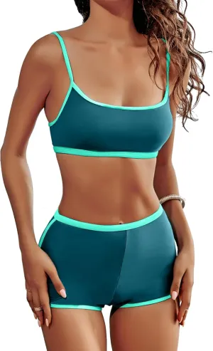 AngiMelo High Waisted Bikini Sets for Women Two Piece Tummy Control Swimsuits Modest Bathing Suit Shorts Swim Suits Teens